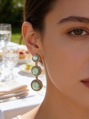 Green Amethyst Linear Drop Earrings | 3 Stone Tiered Elegant Style - Gold Tone